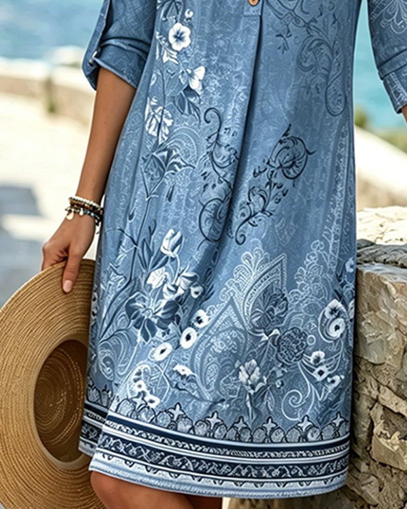 Floral Three-Quarter Sleeve Straight Dresses