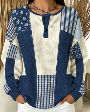 Crew Neck Button Floral Plaid Sweatshirt