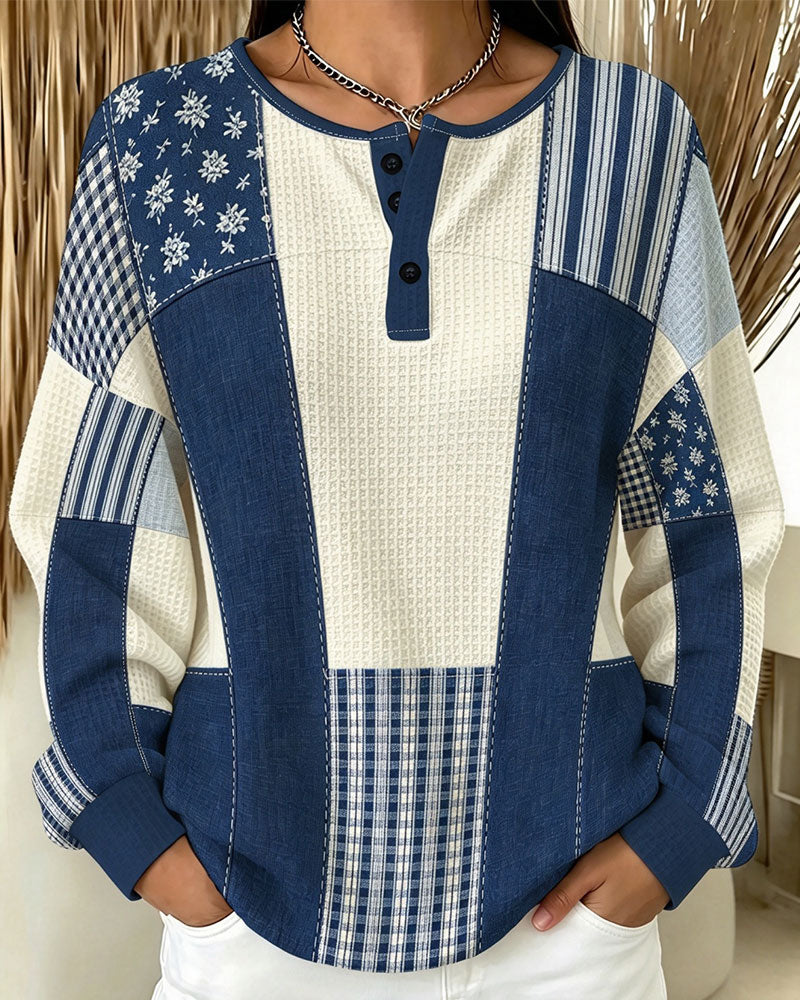 Crew Neck Button Floral Plaid Sweatshirt