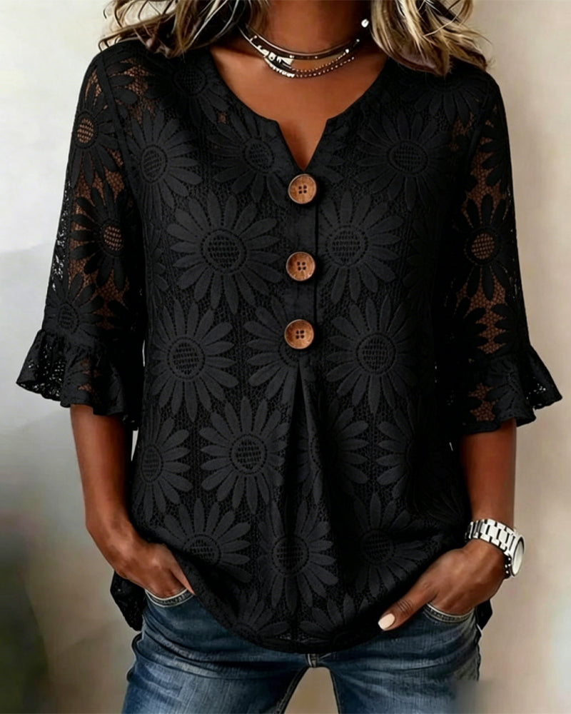 Ruffled Daisy-Print Blouse With Ruffle Sleeves