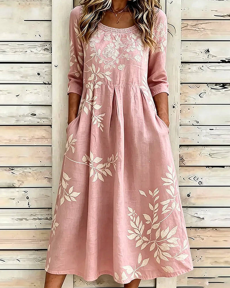 Crew Neck Floral Full Skirt Dress