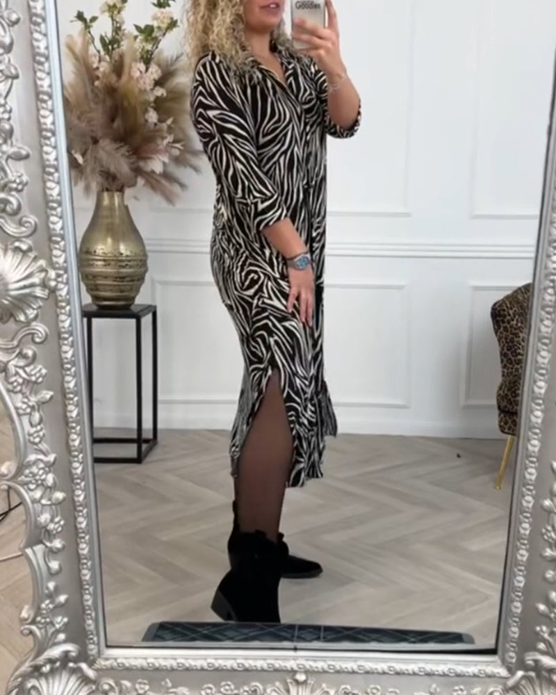 Zebra print lapel casual dress