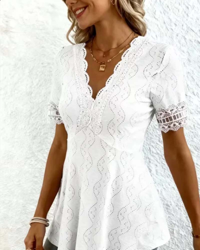 Lace V-Neck Hollow Out Blouse