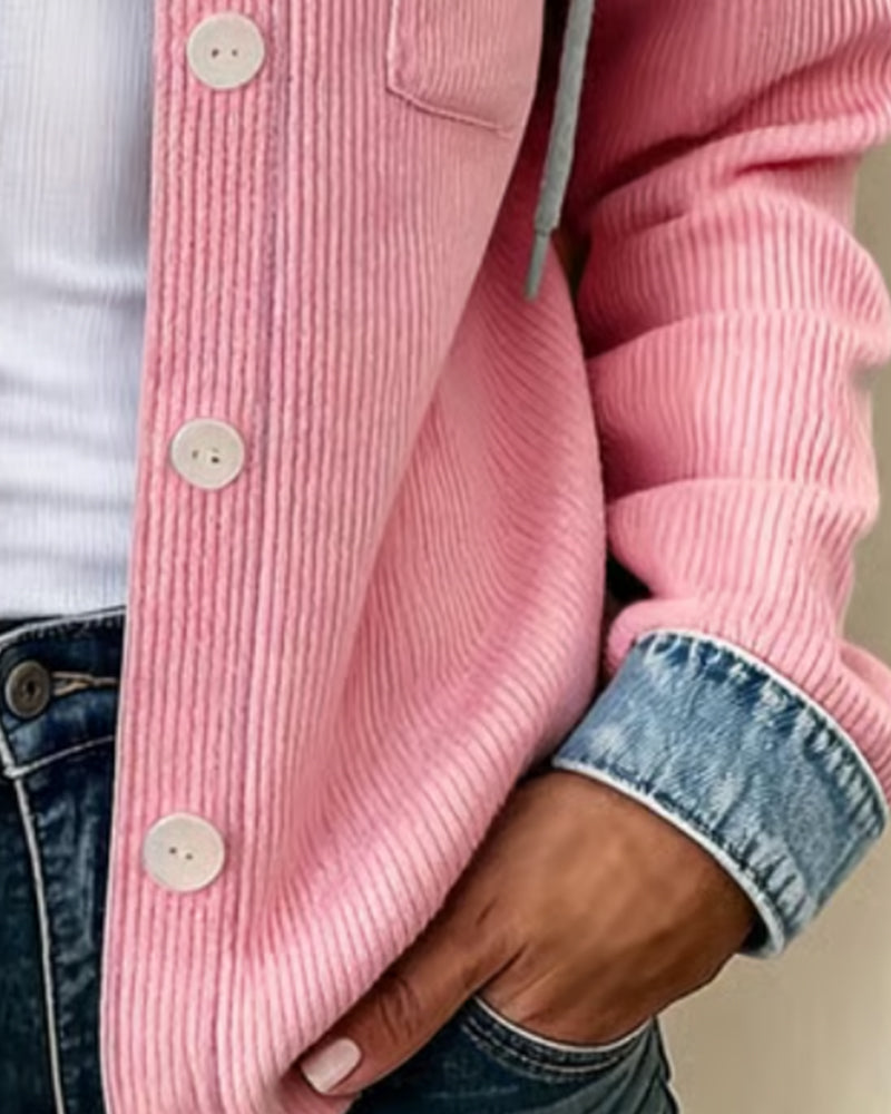 Hooded Ribbed Denim Patchwork Buttoned Coat