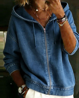 Hooded Dropped Sleeve Zippered Denim Coat