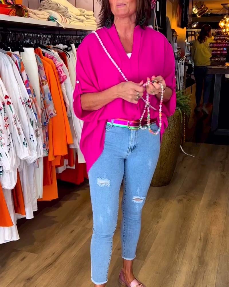 Casual solid color V-neck three-quarter sleeve blouse