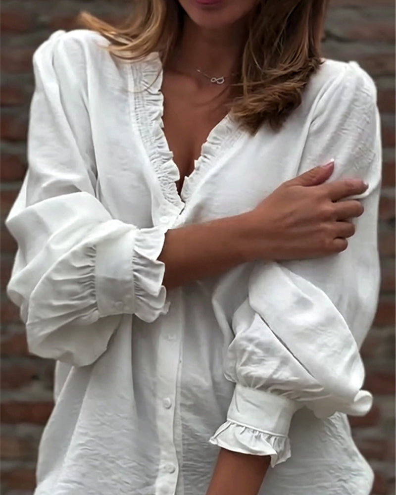 V-Neck Button Front Ruffle Puff Sleeve Blouse
