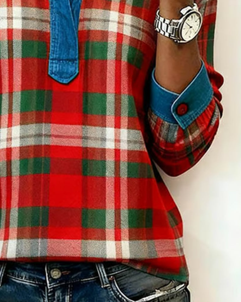 Plaid Denim Patchwork Sweatshirt