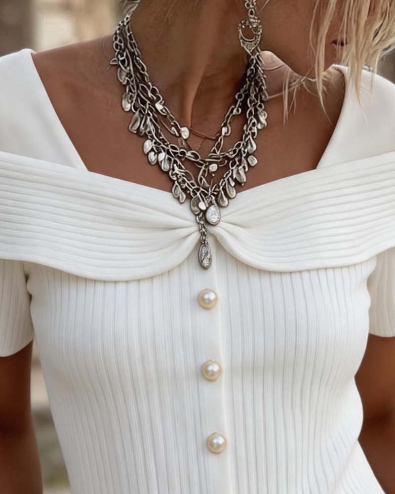 Off-Shoulder Twist Knit Ribbed Blouse