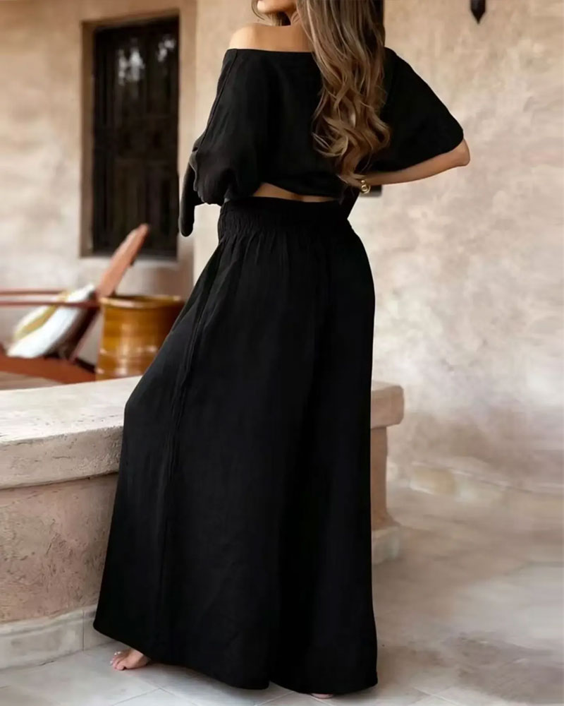 Solid Color Bat Sleeve Top Wide Leg Pants Set