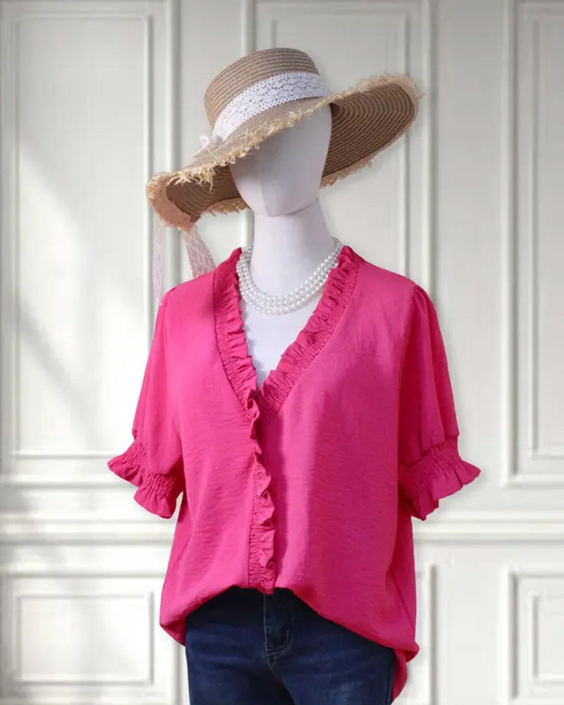 V-Neck Ruffled Short Sleeve Blouse