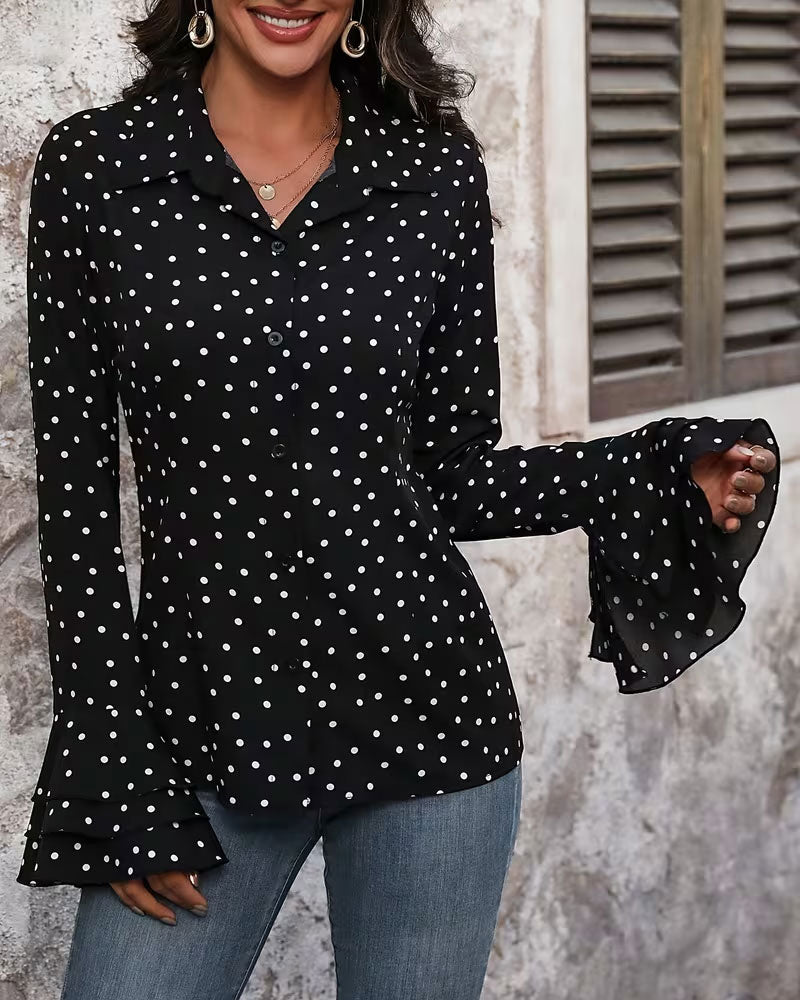 Polka Dot Double Layer Bell Sleeve Blouse