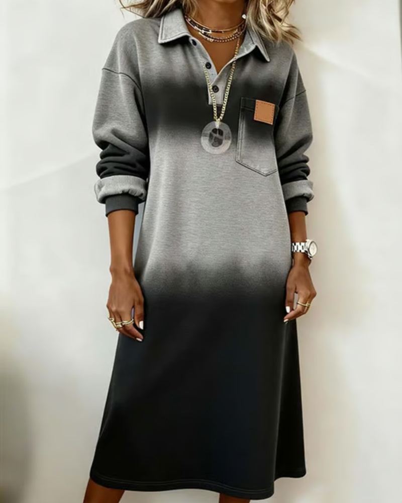Lapel Gradient Long Sleeve Dress