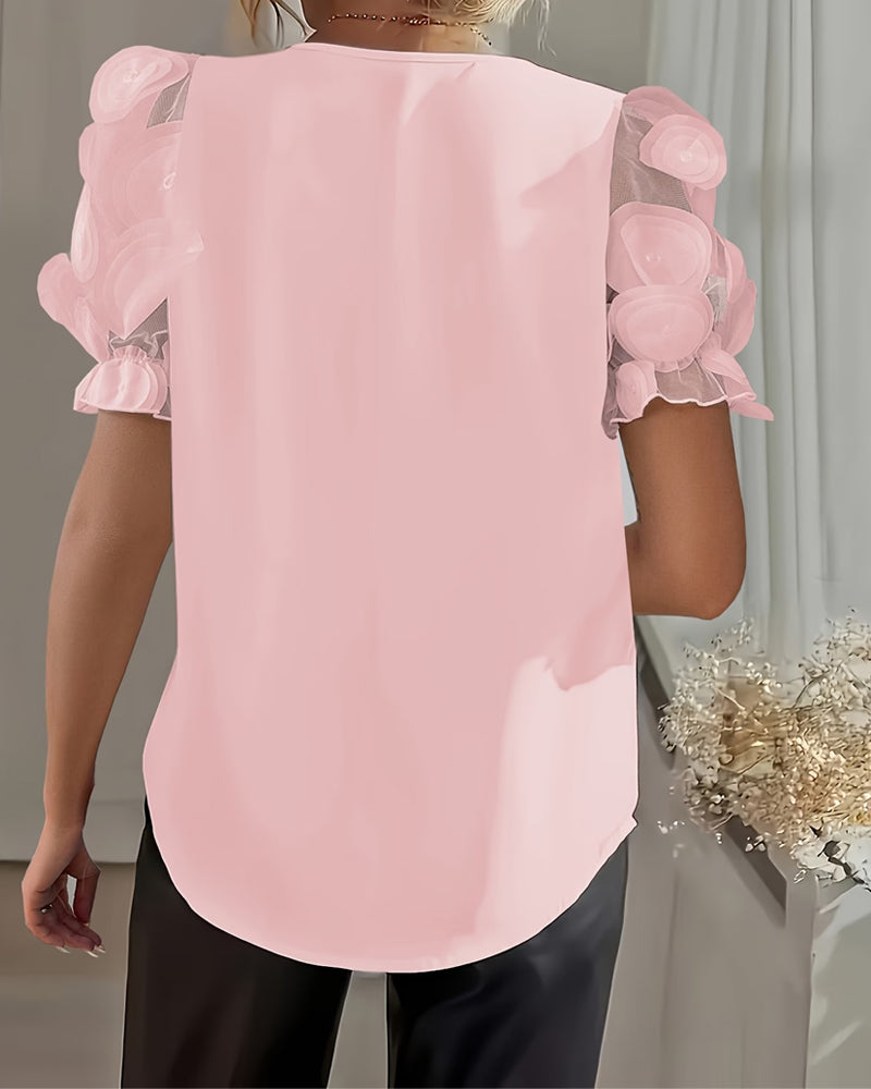 Puff Sleeve Mesh V-Neck Blouse