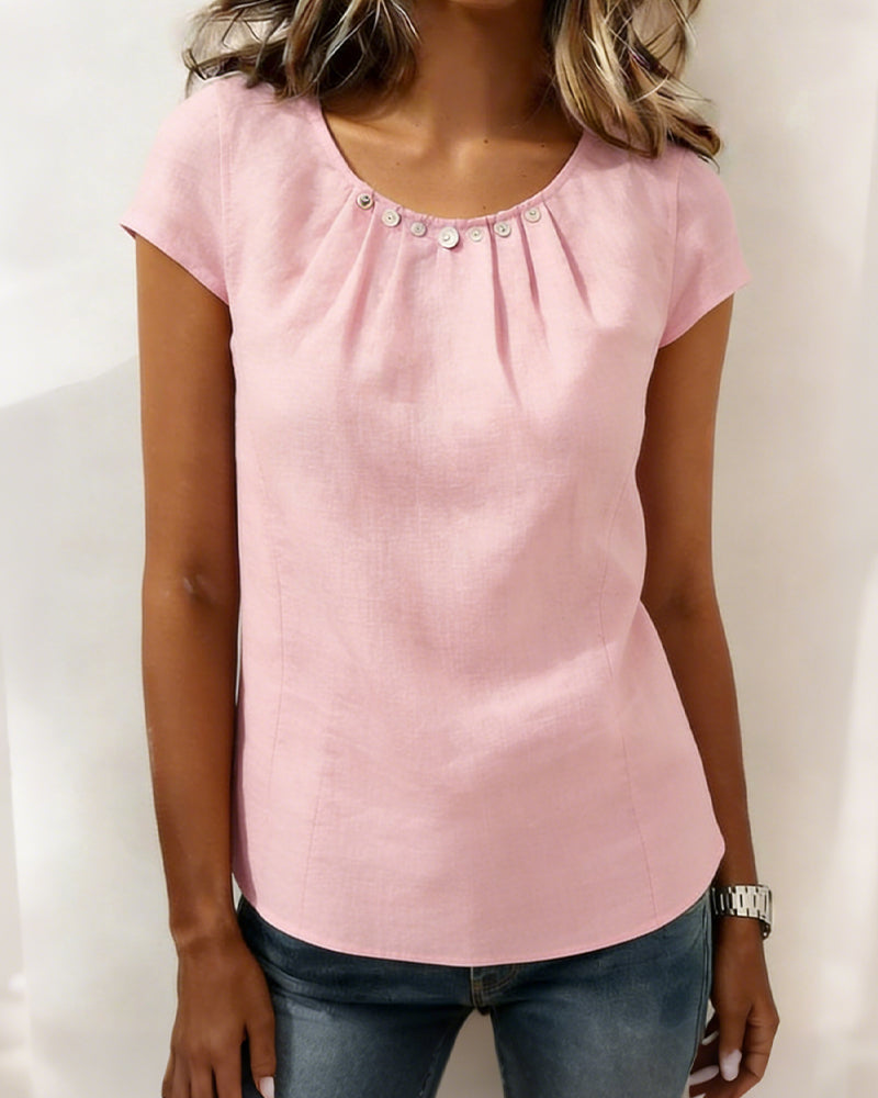 Pleated Button Round Neck Blouse