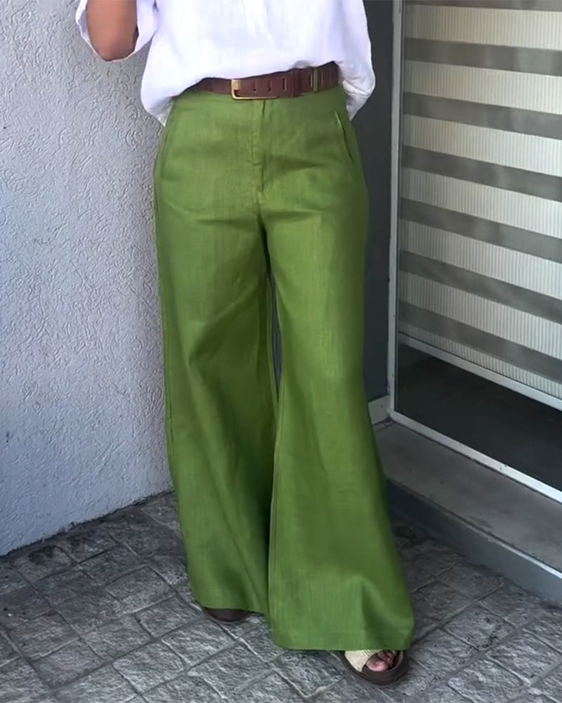 Green High-Waisted Wide-Leg Linen Pants