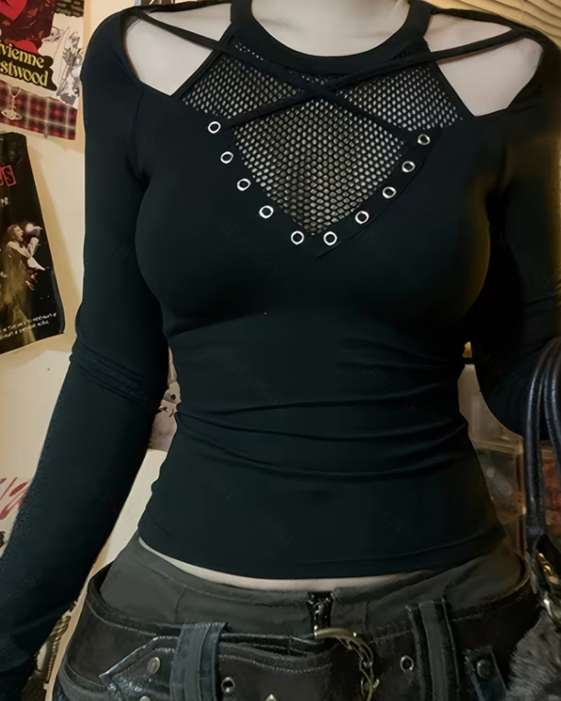 Crew Neck Off-Shoulder Cutout Cross Over Slim Blouse