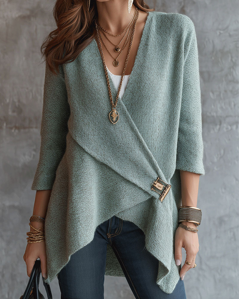 V-Neck Cross Metal Button Asymmetrical Sweater