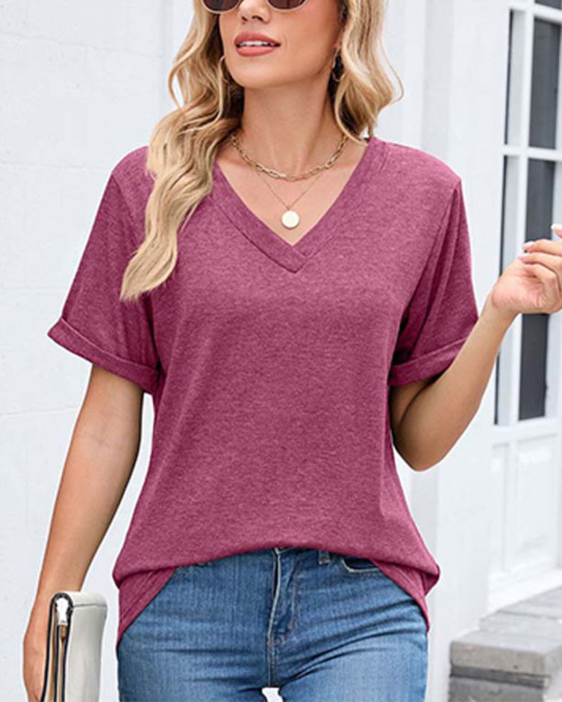 Solid V-Neck Casual Short Sleeve T-Shirt