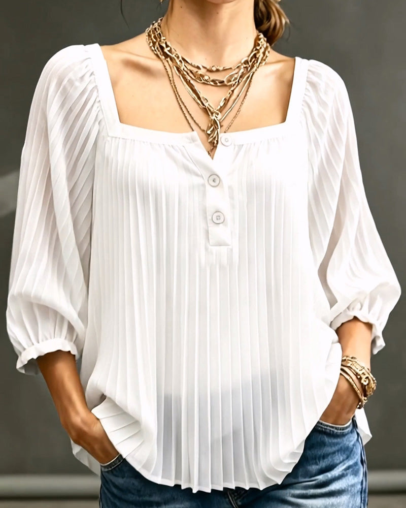 Square Neck Pleated Puff Sleeves Blouse