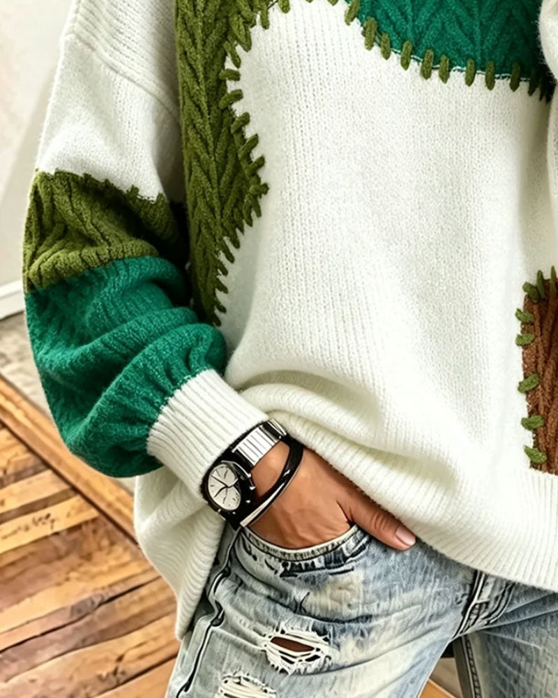 Round Neck Contrasting Dropped Shoulder Patchwork Pullover