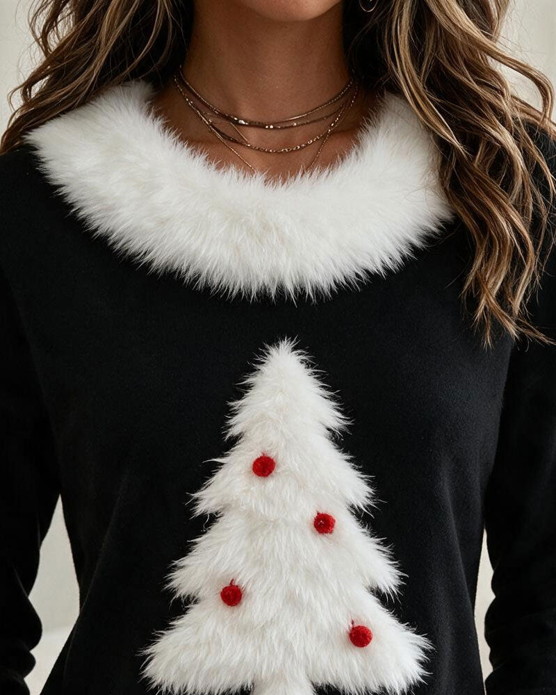 Crew Neck Christmas Tree Color-Block Top