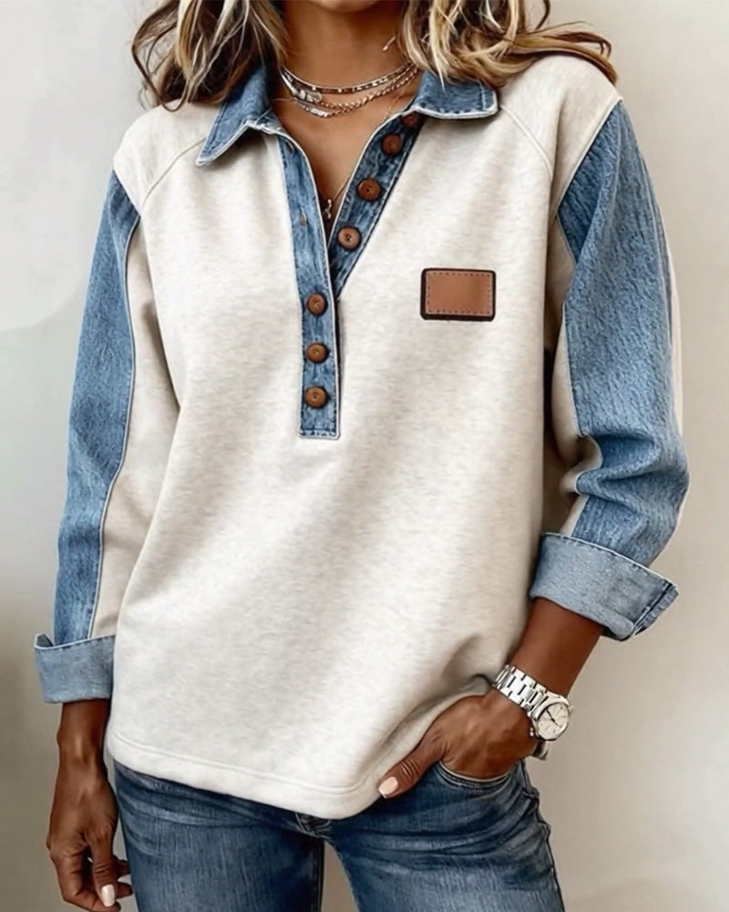 Stylish Denim Patchwork Long-Sleeved Sweatshirt