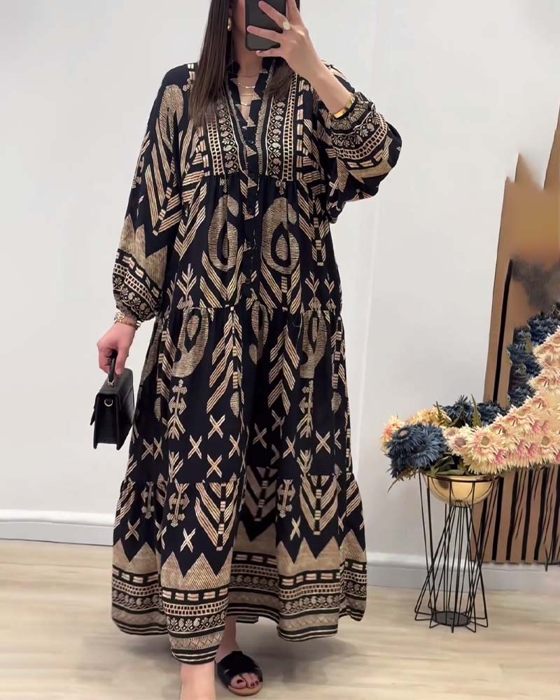 V-neck long-sleeved printed dress