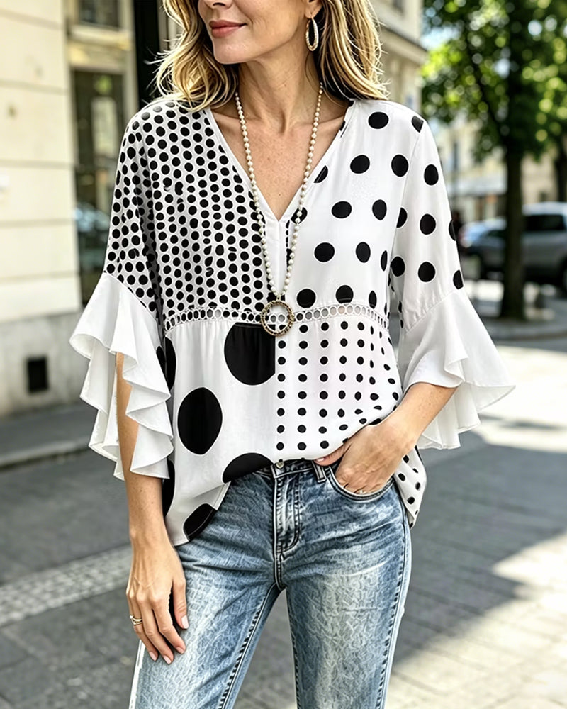 Mixed Polka Dot Patchwork Ruffle Blouse