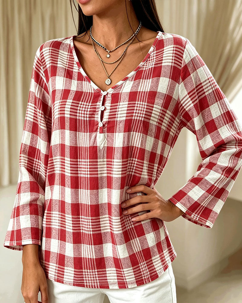 Stylish V-Neck Plaid Elbow-Length Sleeve Blouse