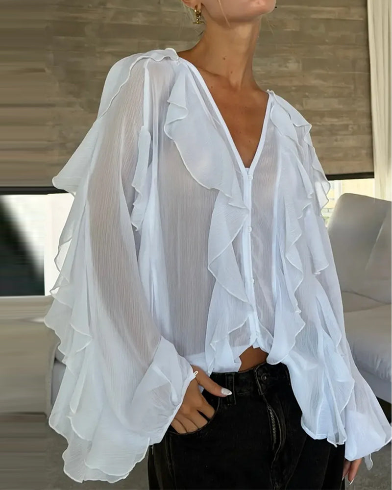 V-Neck Ruffle Loose Blouse