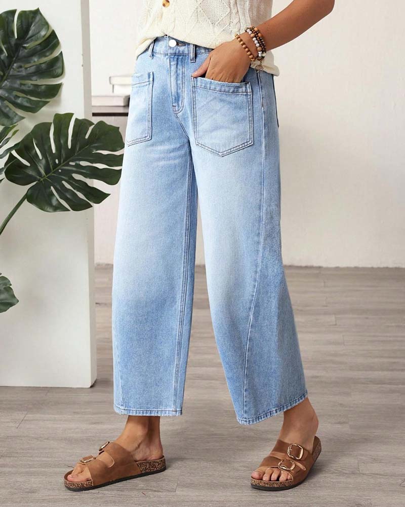 Denim Elastic Waist Wide-Leg Cropped Jeans