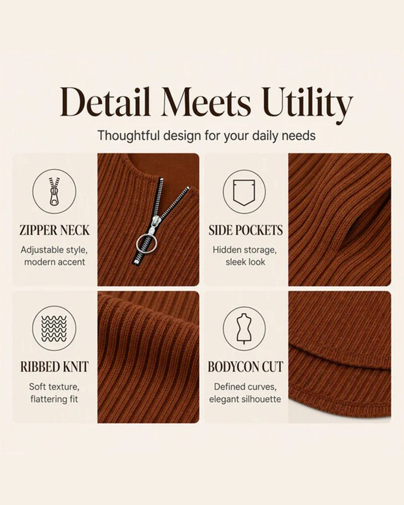Zipper Ribbed Long Sleeve Bodycon Dress