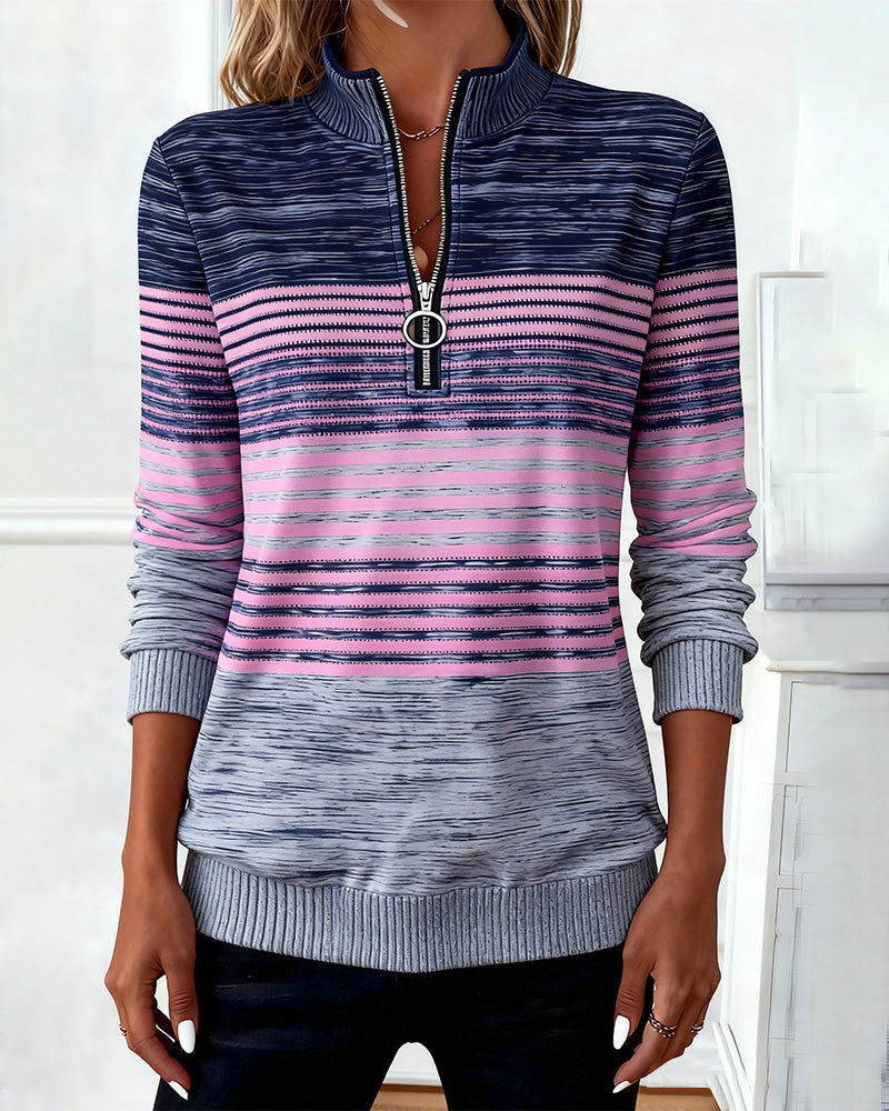 Half Zip Collar Striped Sweatshirt
