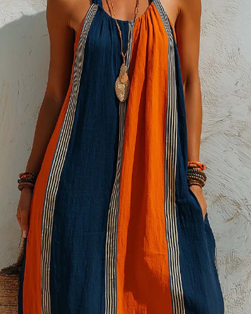Color Block Vertical Stripe Halter Dress