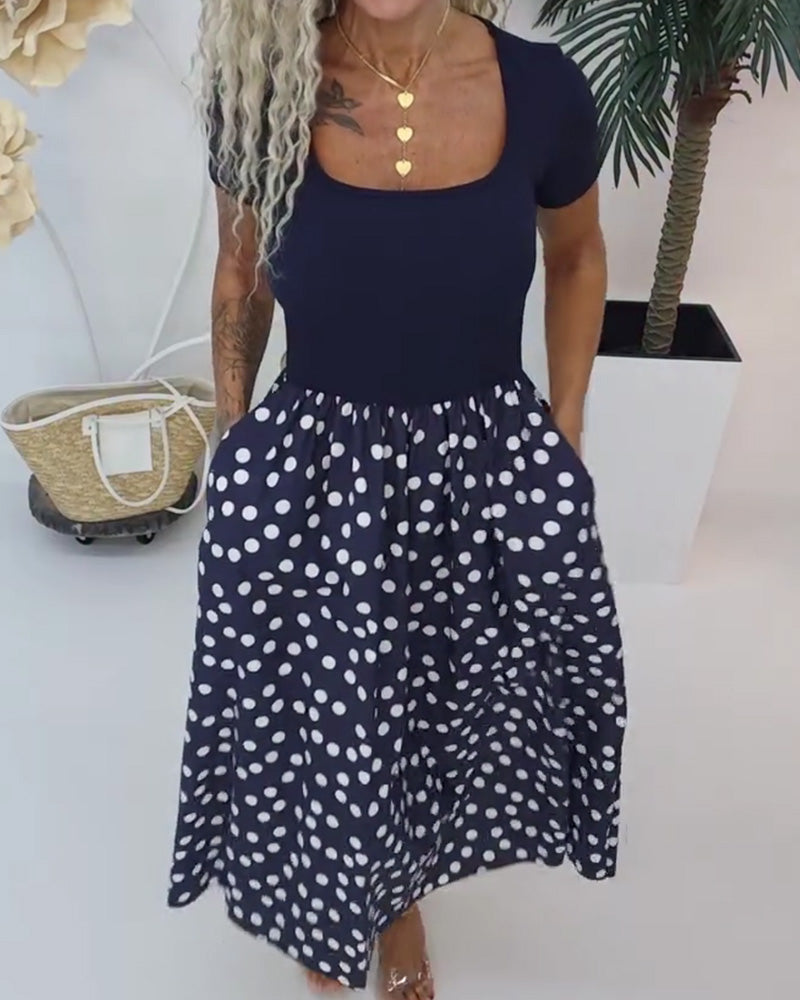 Square Neck Polka Dot Patchwork Dress