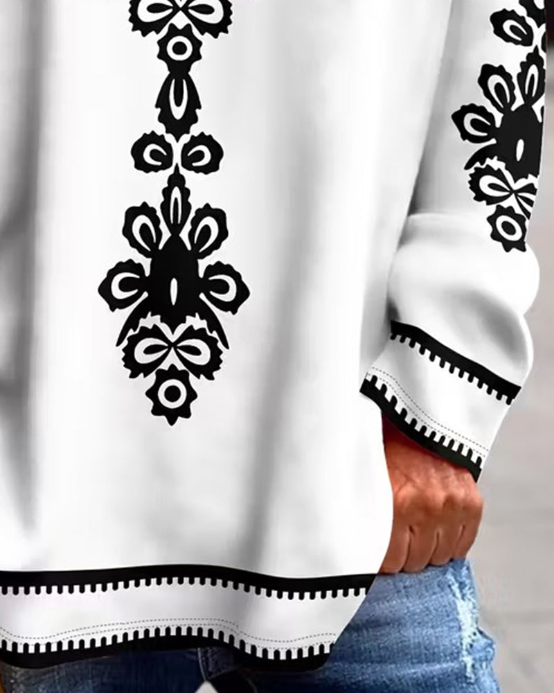 Color-Blocked V-Neck Patterned Long-Sleeved Top