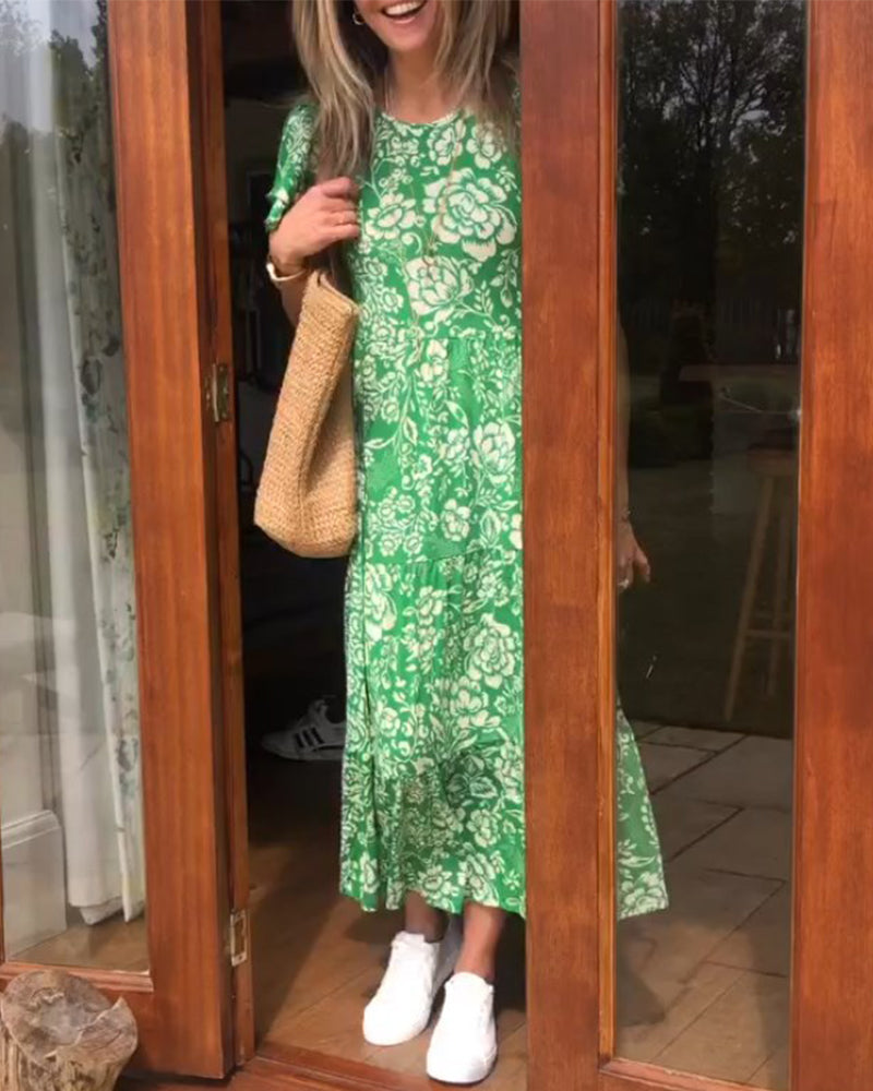 Floral Print Short Sleeve Long Dress