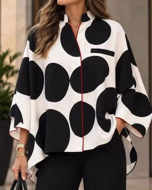 Stand Collar Large Polka Dots Loose Irregular Blouse