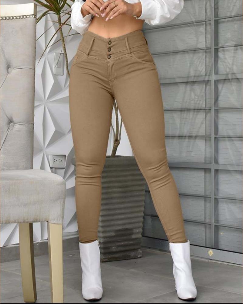 High Waist Pocket Button Skinny Pants