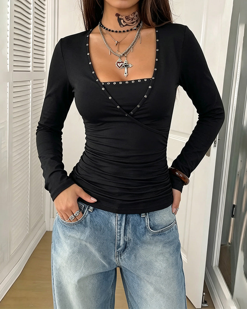 Square Neck Ruched Long-Sleeve Slim-Fit Top