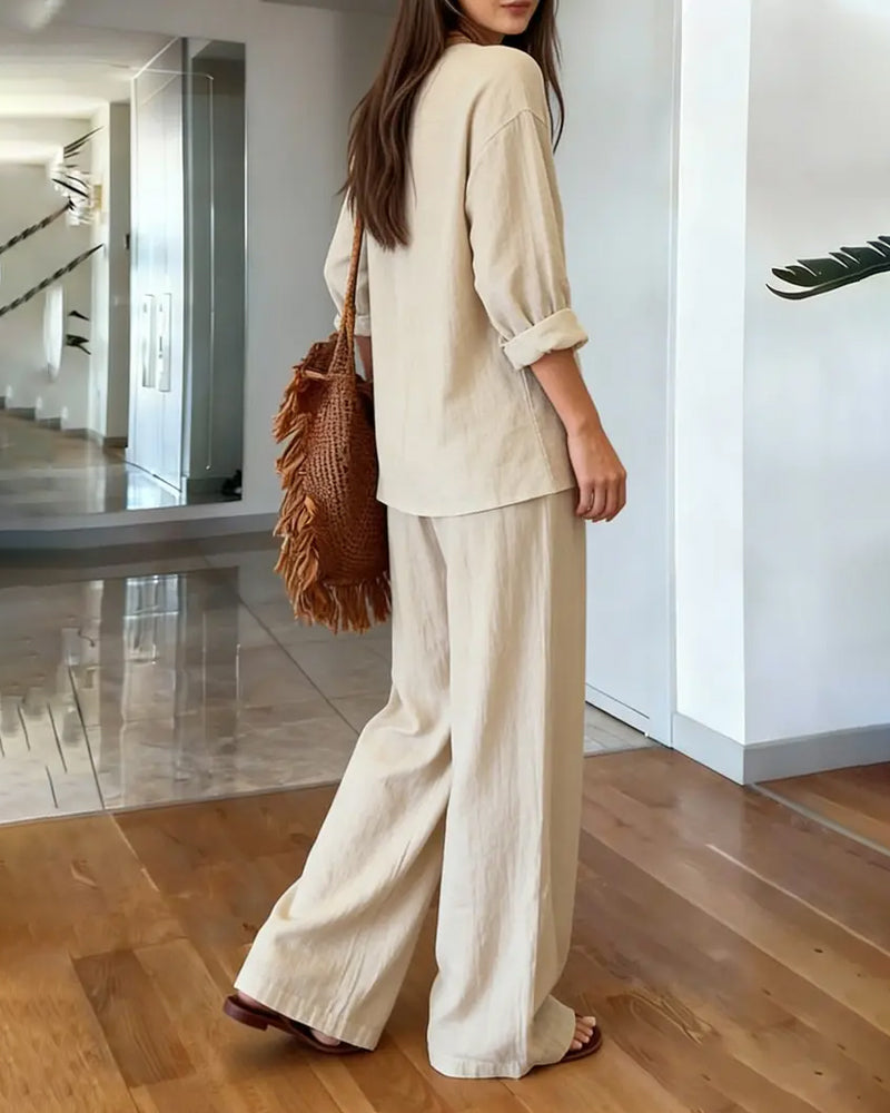 V-Neck Draped High Waist Wide Leg Set
