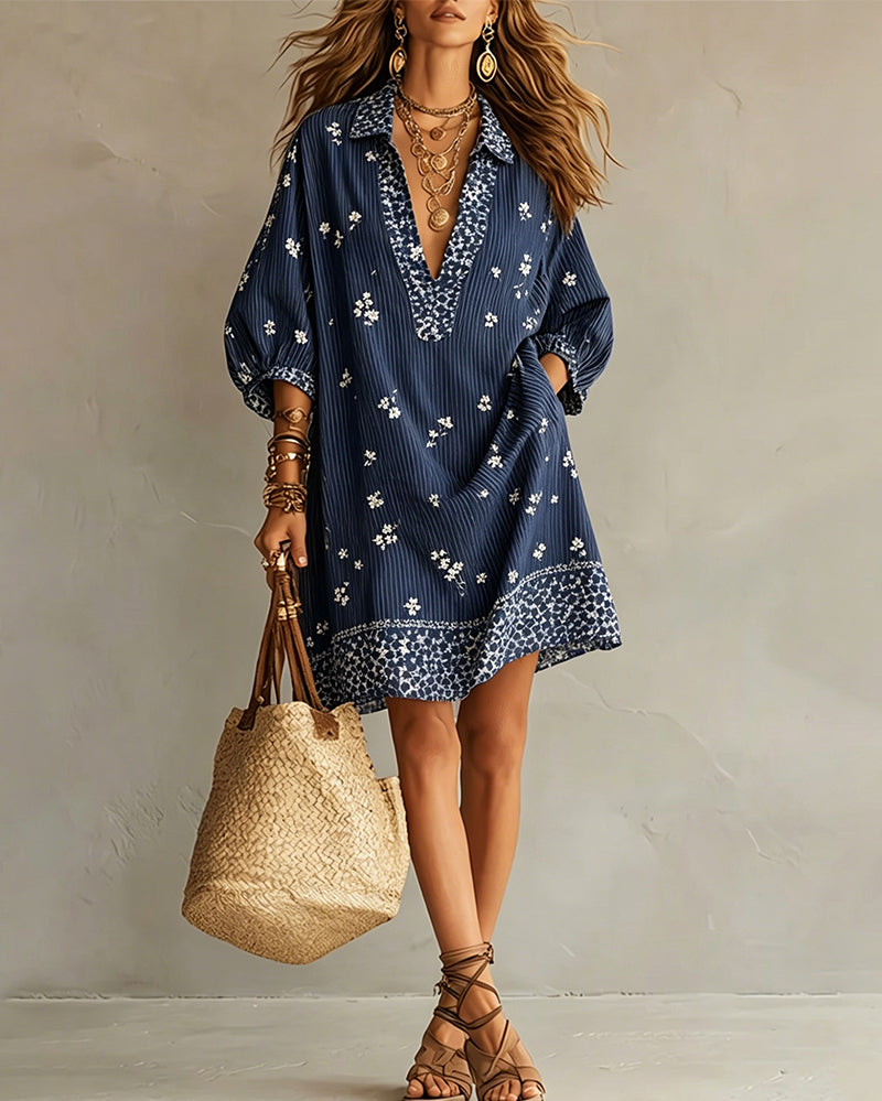 Three-Quarter Lantern Sleeve Print Dress
