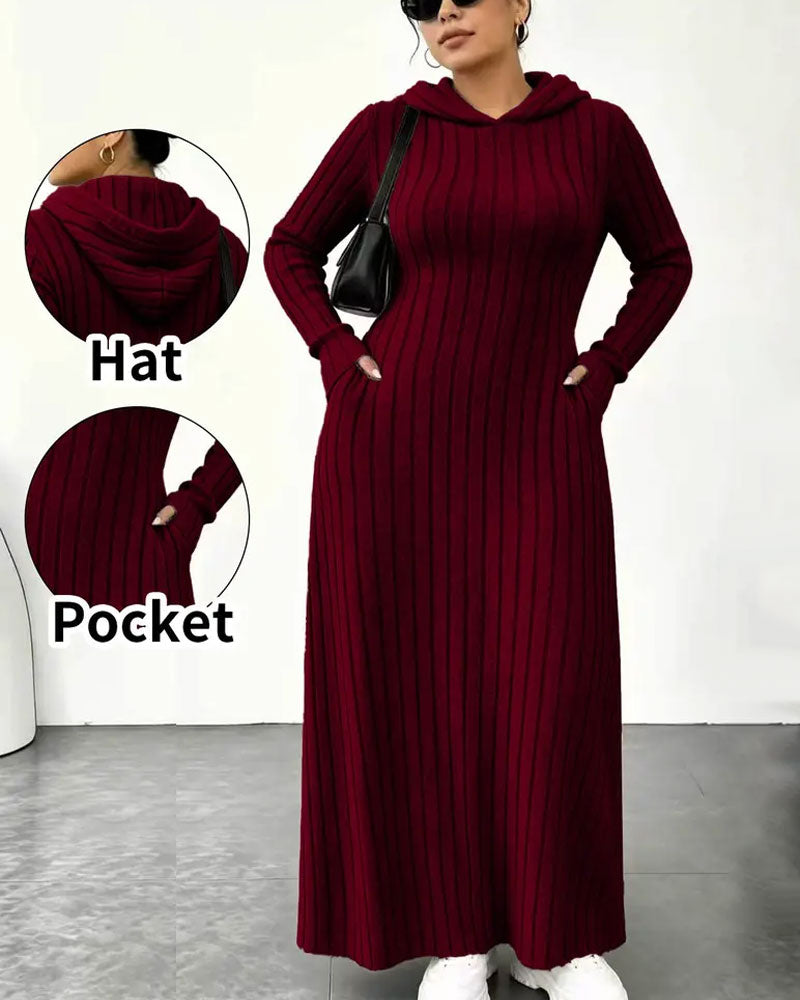 Hooded Pocket Ribbed Fitted Dress