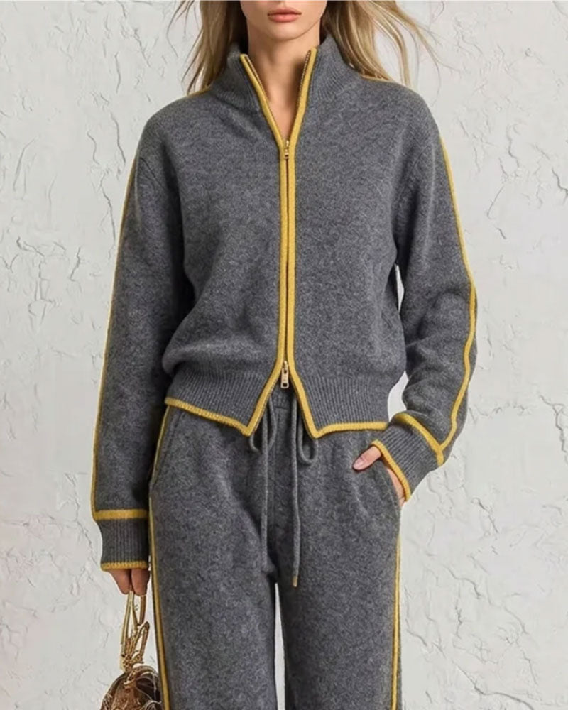 Contrast Zipper Knitted Two-Piece Suit