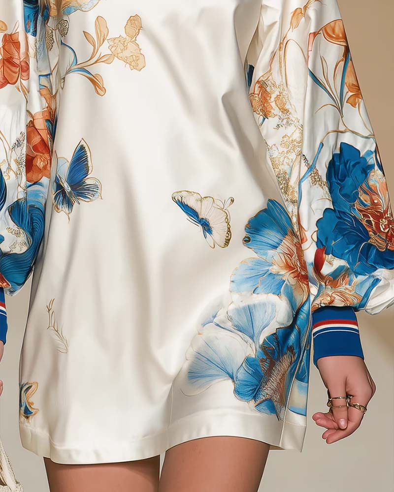 Puffed Sleeve Color-Block Print Dress