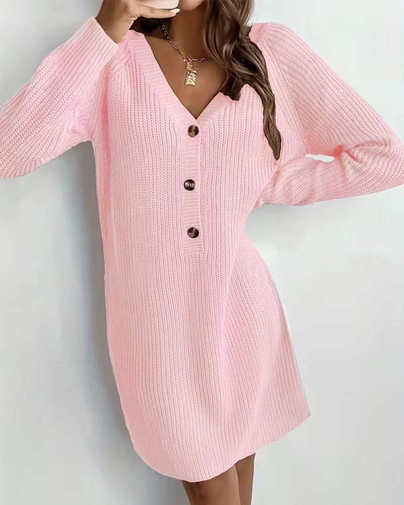 Button-Down V-Neck Fashion Sweater Dress