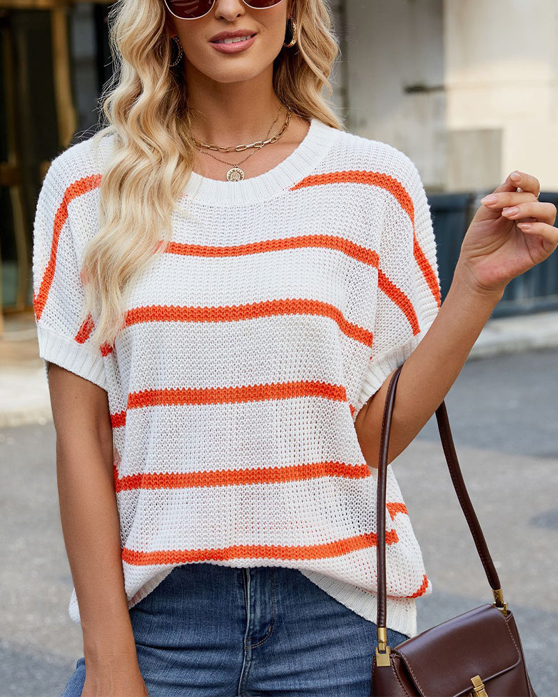 Striped Drop Shoulder Short Sleeve Sweater