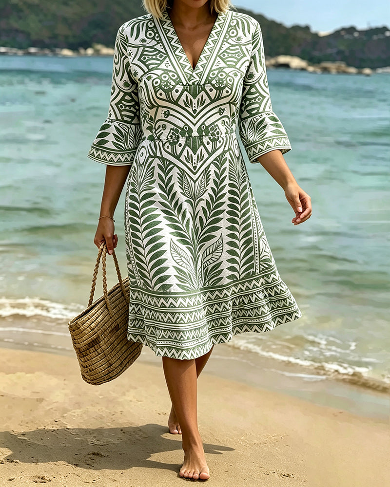 V-Neck Ruffle Sleeve Leaves Print Dress