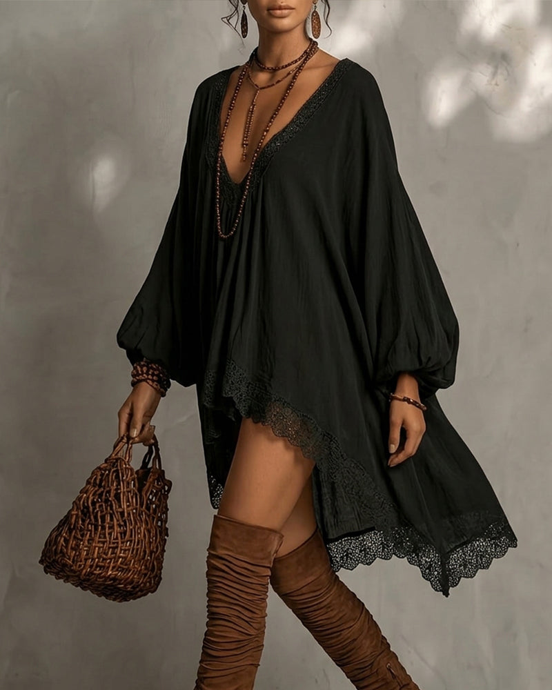 V-Neck Lace Asymmetric Dress